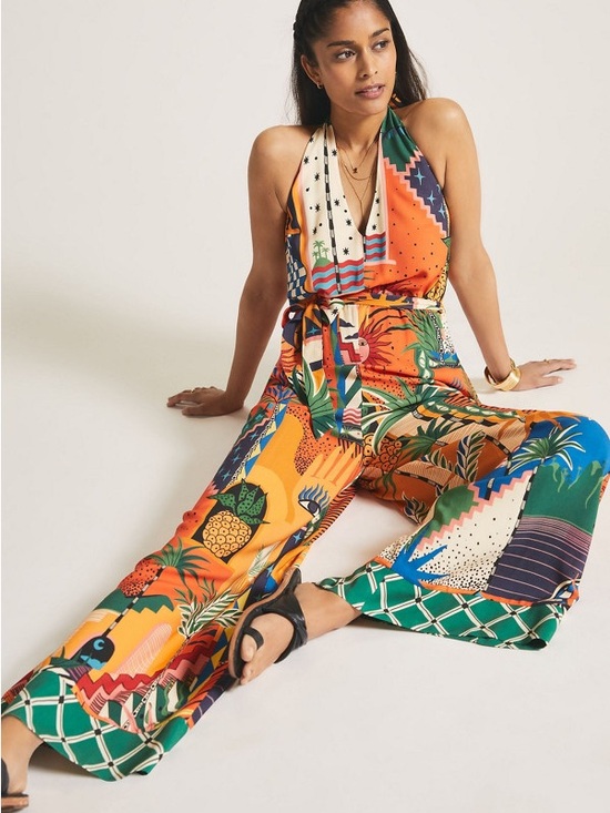 FARM Rio Pants - Farm Rio x Anthropologie MEDIUM halterneck printed wide leg jumpsuit